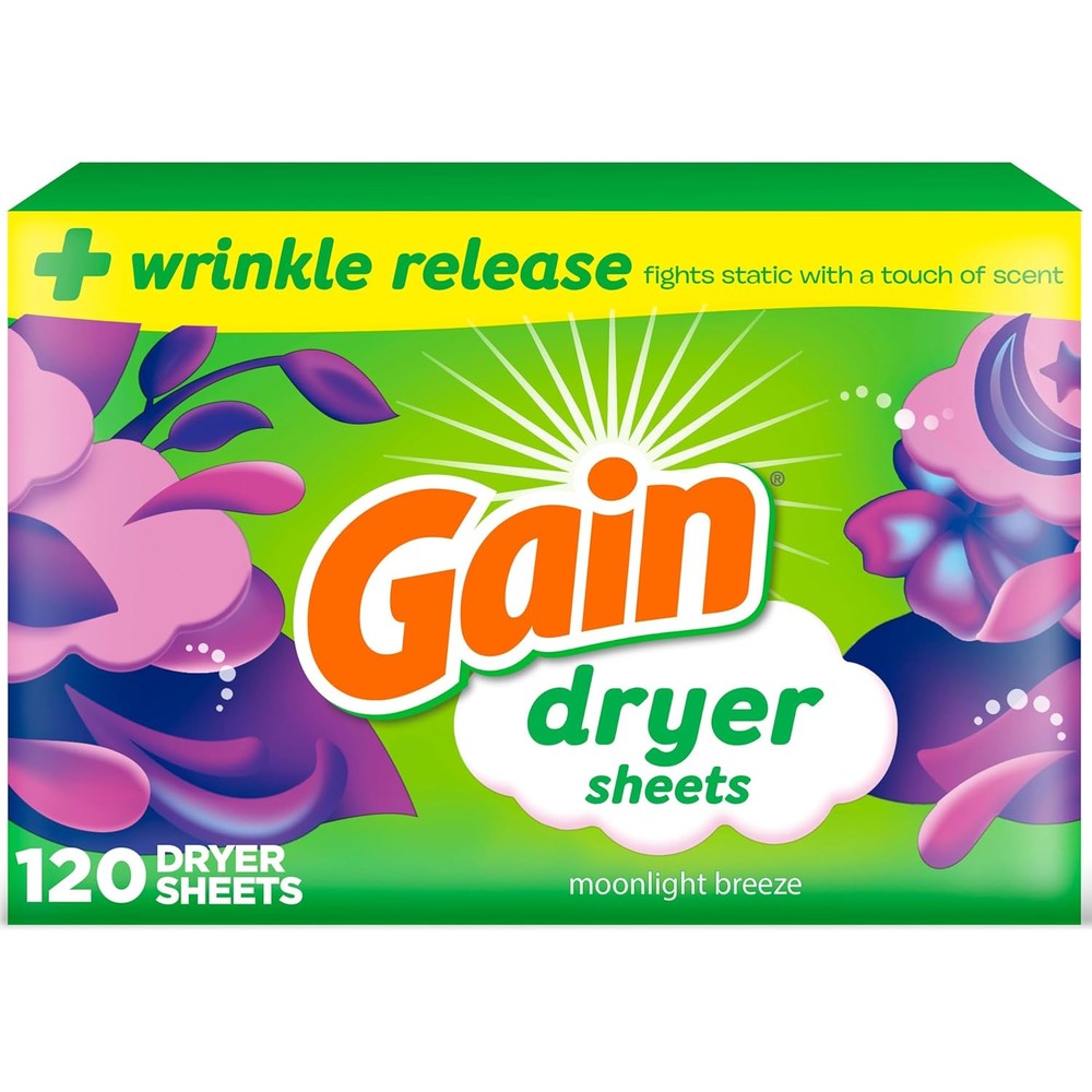 Gain Dryer Sheets Moonlight Breeze Scent front package view for anti static laundry care.