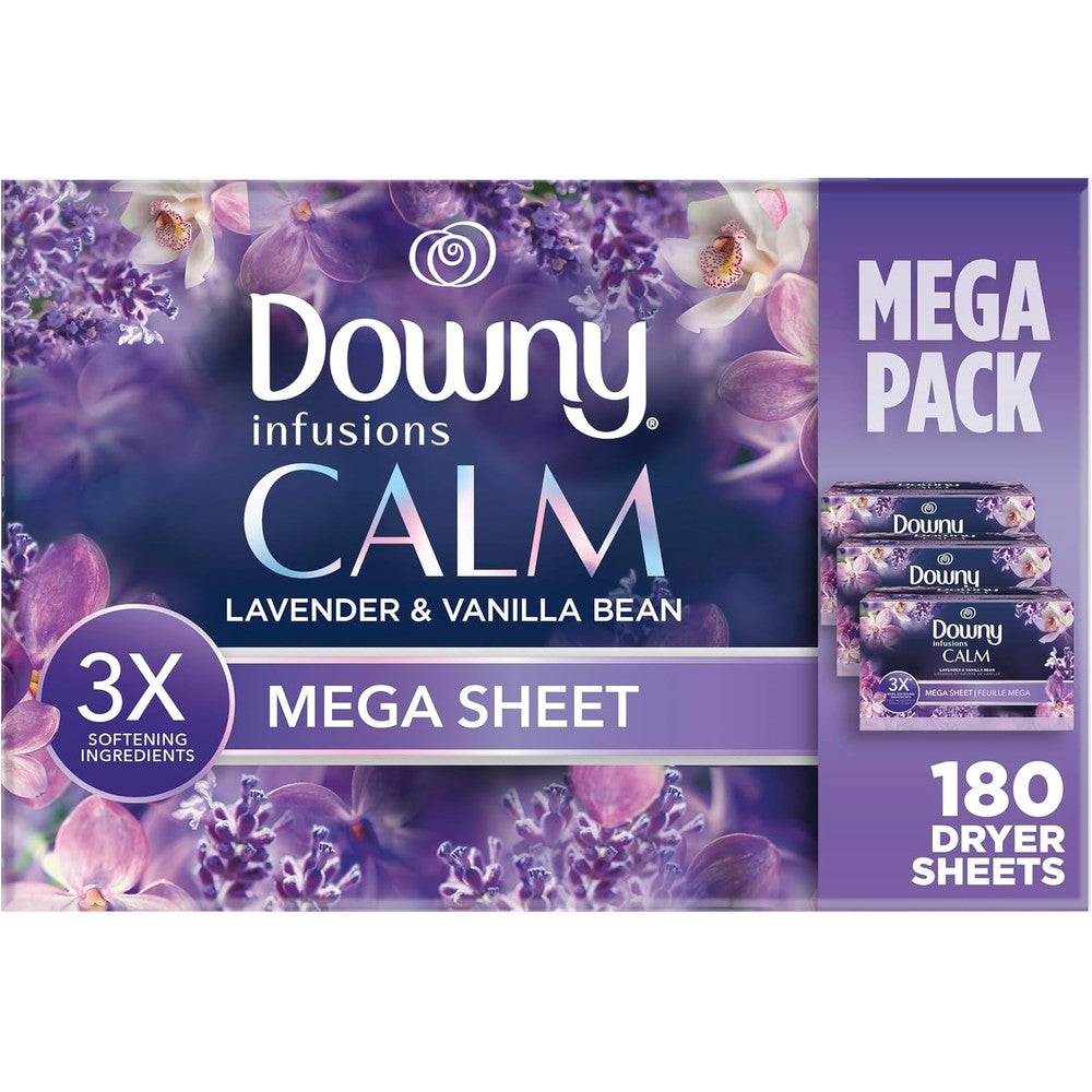 Downy Infusions Calm Mega Fabric Softener Dryer Sheets front view package