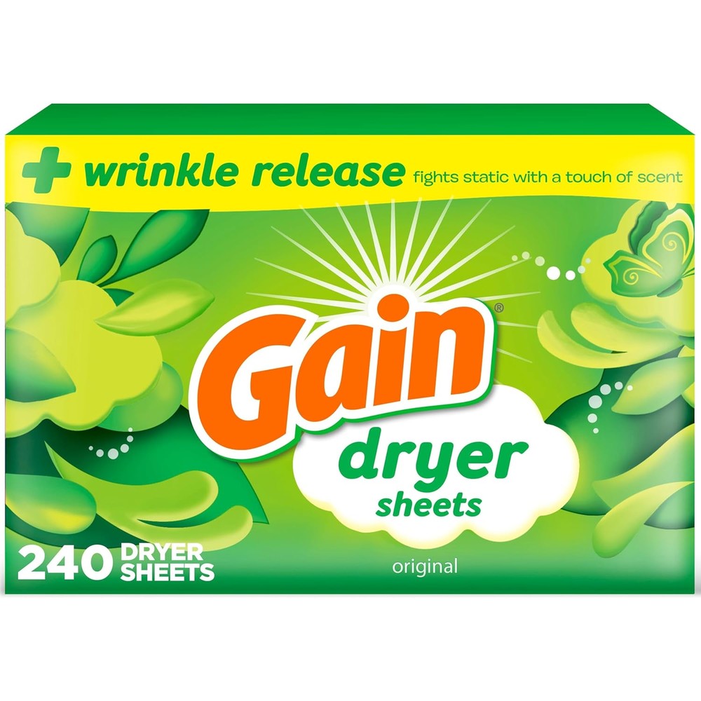 Gain Dryer Sheets Plus Wrinkle Release Original Scent 240 Count front view box packaging