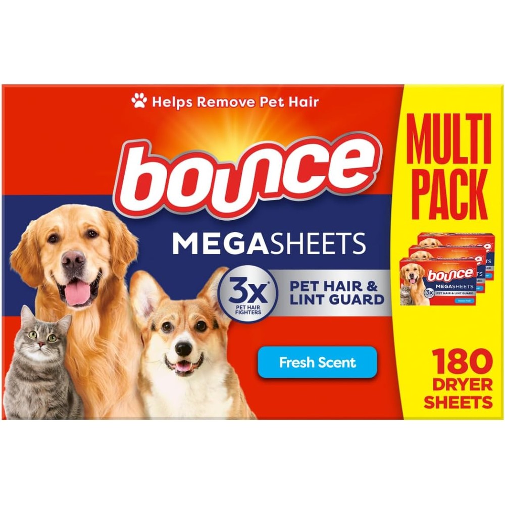 Bounce Pet Hair and Lint Guard Mega Dryer Sheets front pack view for laundry care.