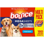 Bounce Pet Hair and Lint Guard Mega Dryer Sheets front pack view for laundry care.
