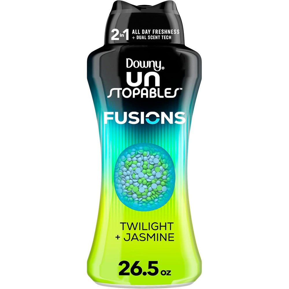 Downy Unstopables Fusions Twilight and Jasmine 26.5 Ounce bottle front view laundry fragrance.