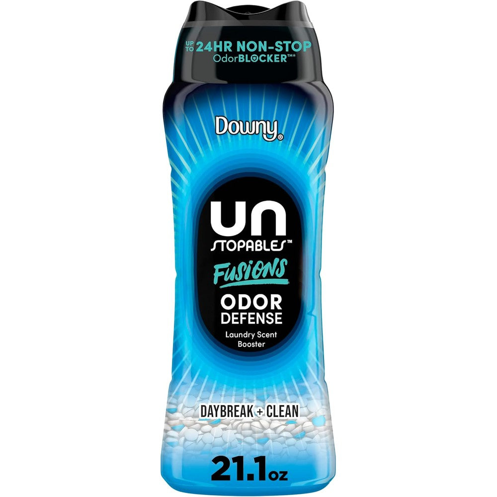 Downy Unstopables Fusions Odor Defense Daybreak and Clean packaging front view showcasing premium laundry scent booster beads.