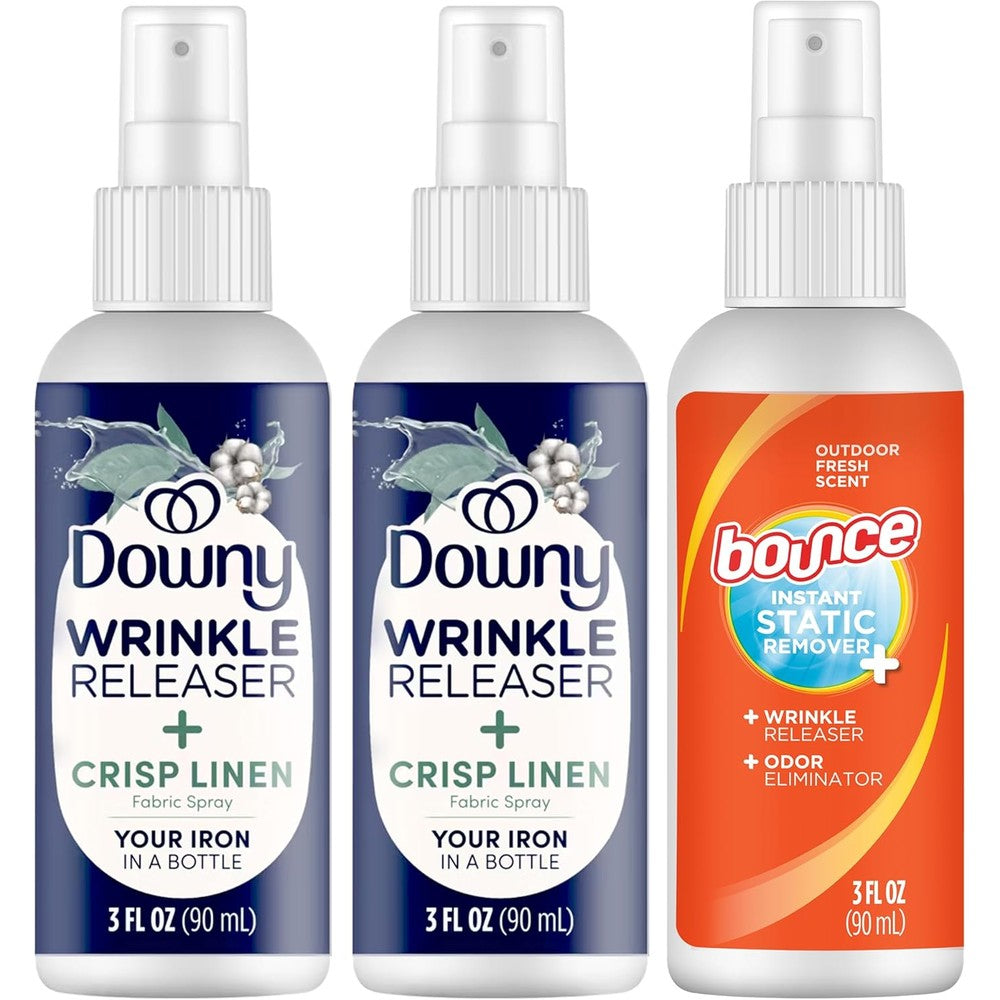 Downy Wrinkle Releaser and Bounce travel spray bundle front view showing authentic anti static bottles