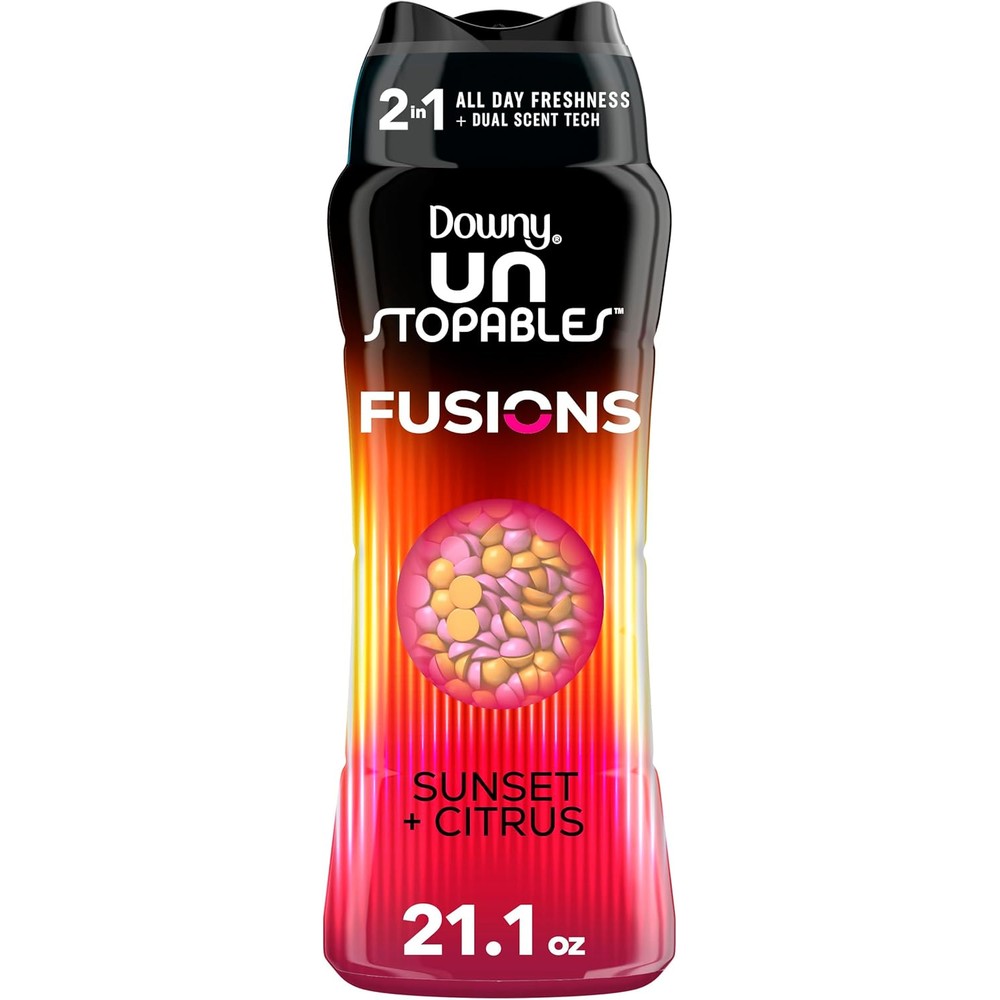 Downy Unstopables Fusions Sunset and Citrus scent booster beads front view for laundry freshness.