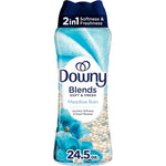Downy Blends In Wash Laundry Scent Booster Beads Meadow Rain front view showing the 24.5 Ounce packaging.