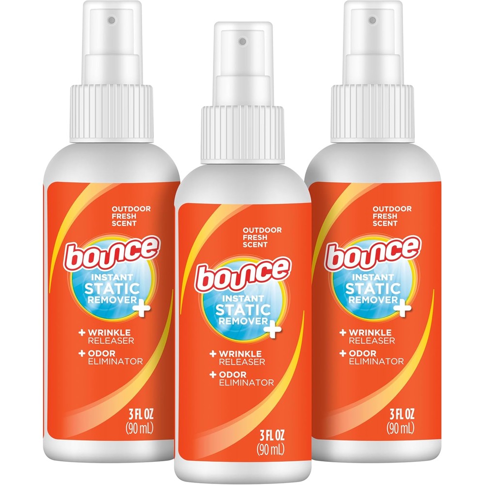 Bounce 3 in 1 Anti Static Spray pack of three front view for wrinkle release.
