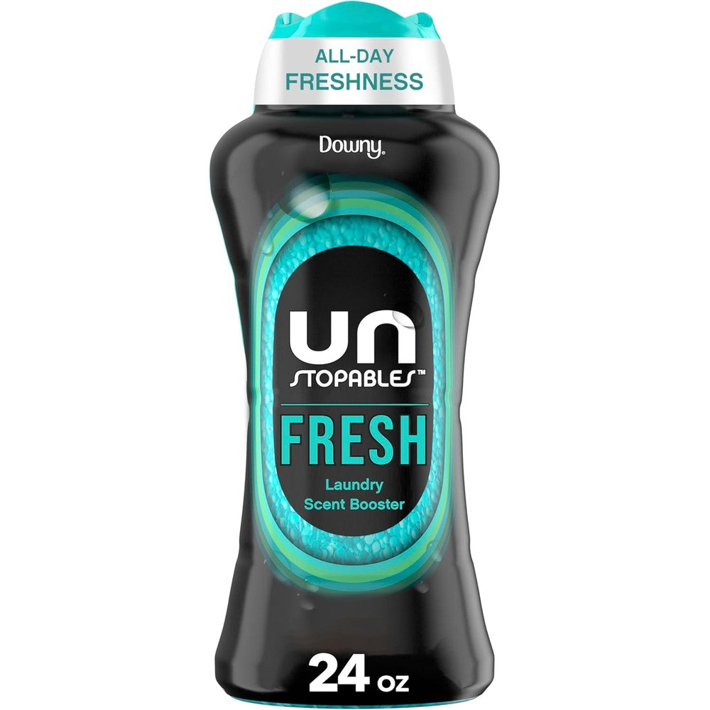 Downy Unstopables Fresh In Wash Scent Booster Beads 24 Ounce bottle front view showing authentic packaging.