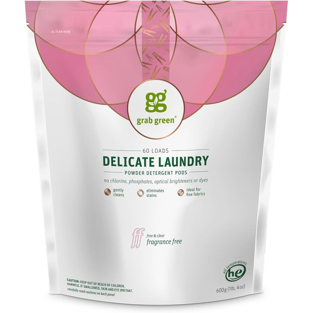 Grab Green Delicate Laundry Detergent Pods front pouch view for fine fabrics.