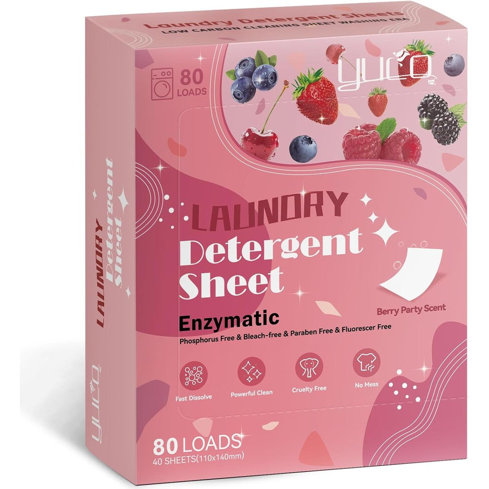 YUCO Laundry Detergent Sheets Berry Scent front view of eco friendly packaging