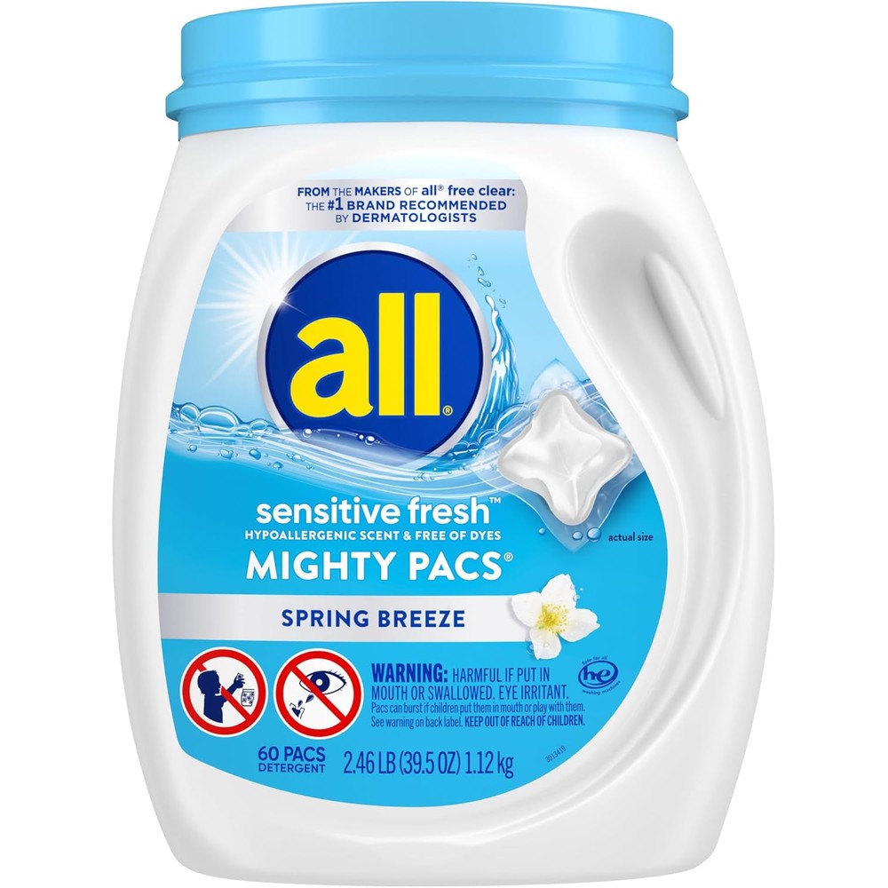 All Sensitive Fresh Mighty Pacs laundry detergent 60 count front view showing packaging details.