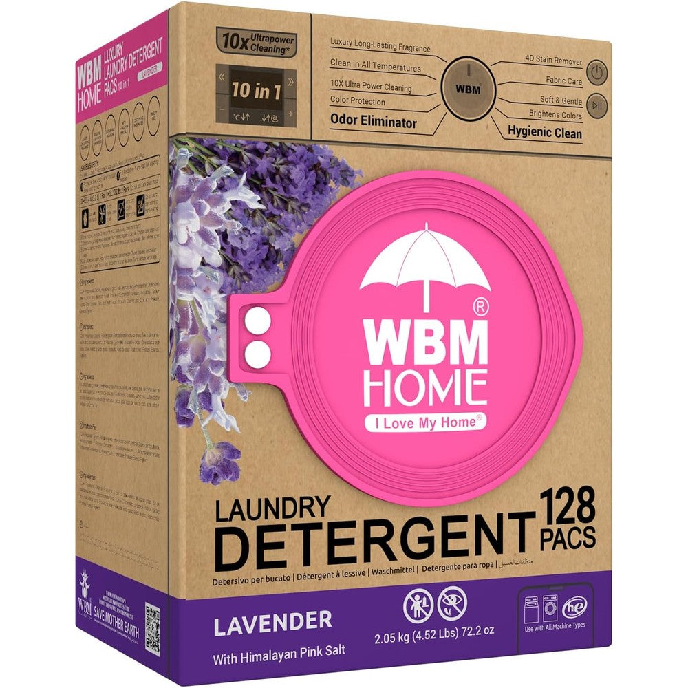 WBM 10-in-1 Laundry Detergent Pods 128 count bag front view high efficiency cleaning.