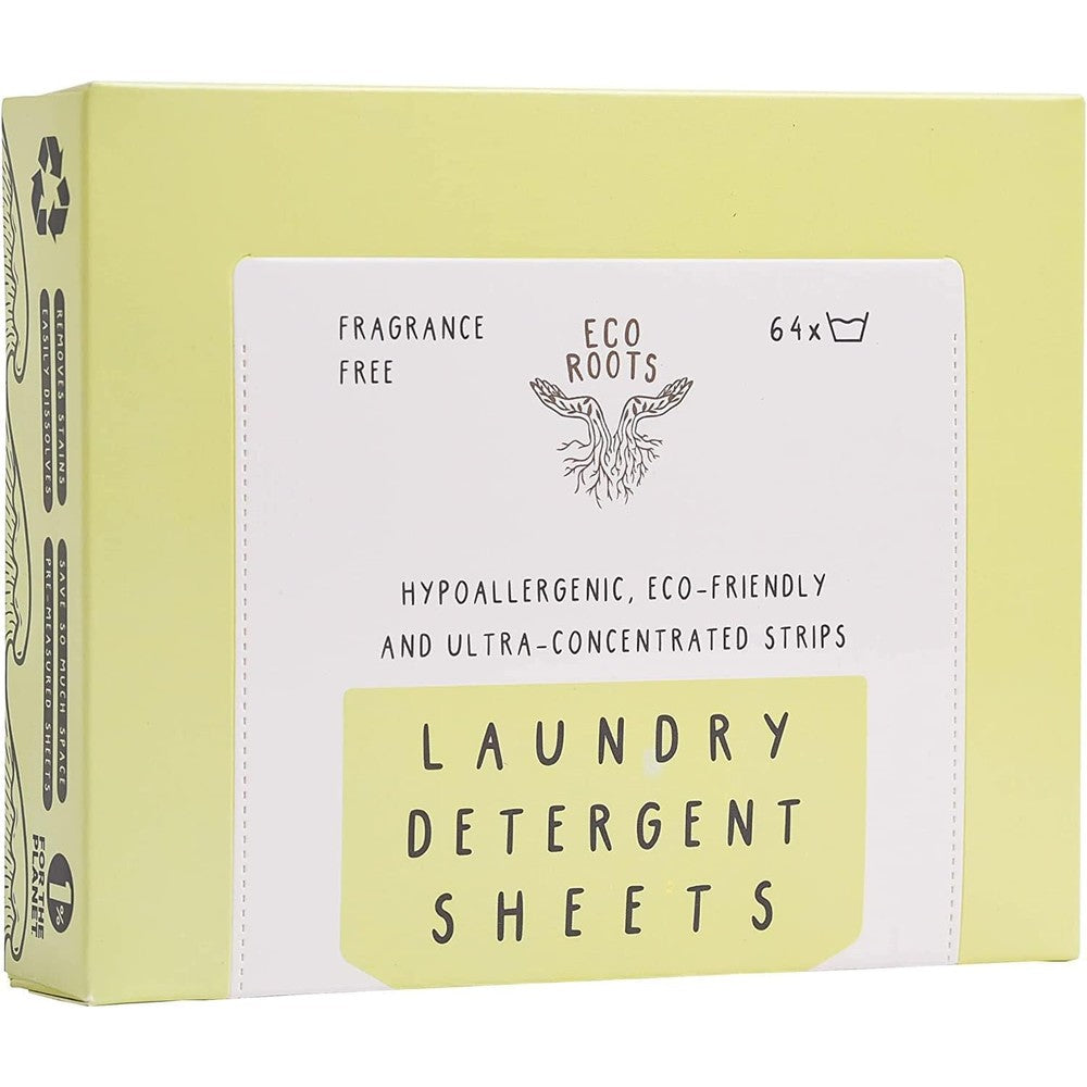 Eco Roots Laundry Detergent Sheets 64 Loads front view zero waste packaging.