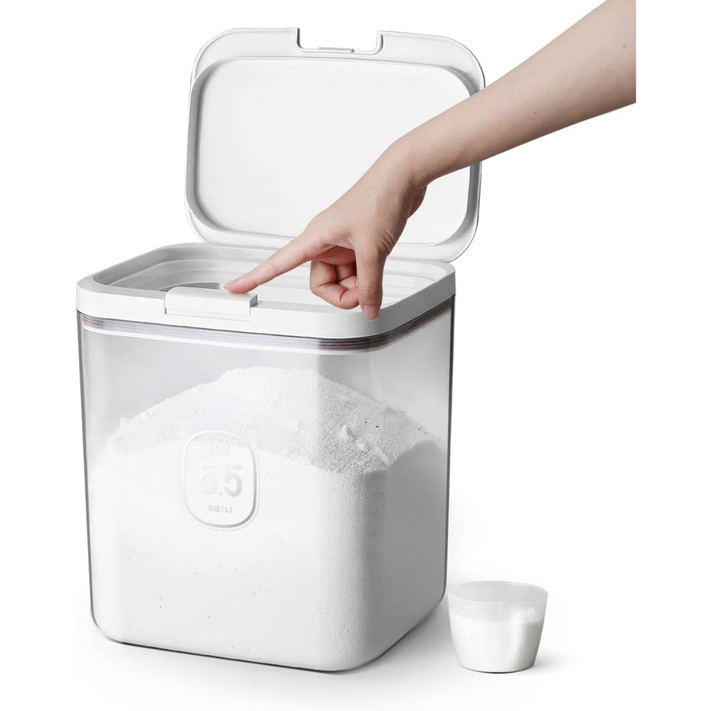 LivLab Mker laundry detergent dispenser front view showing clear container and one press lid.