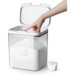 LivLab Mker laundry detergent dispenser front view showing clear container and one press lid.