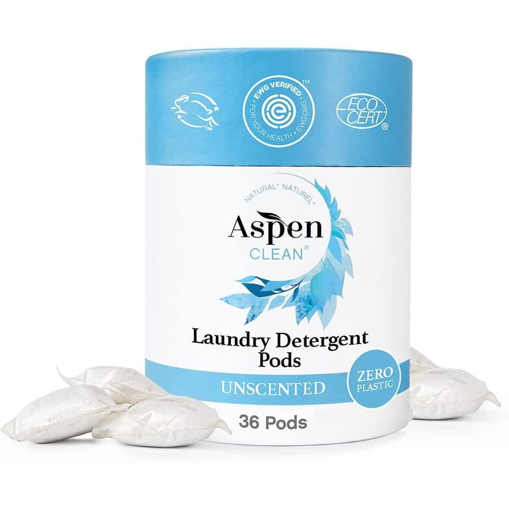 AspenClean Unscented Laundry Pods front view showing zero plastic packaging.