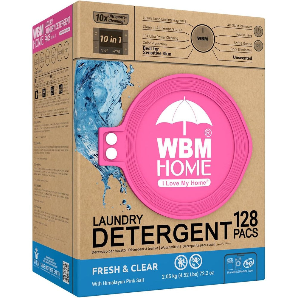WBM Home Laundry Detergent Pods 128 Count front view of the unscented box packaging.
