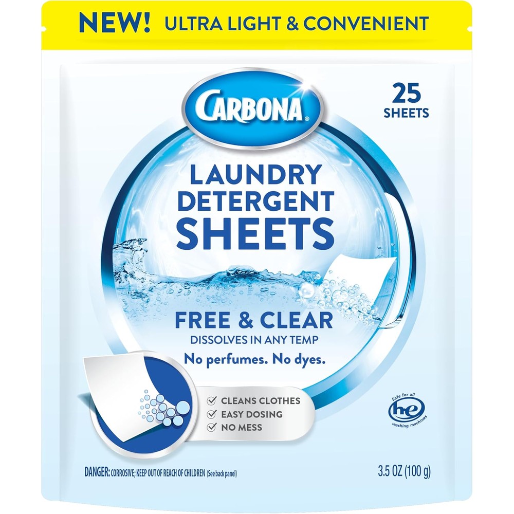 Carbona laundry detergent sheets free and clear front view packaging