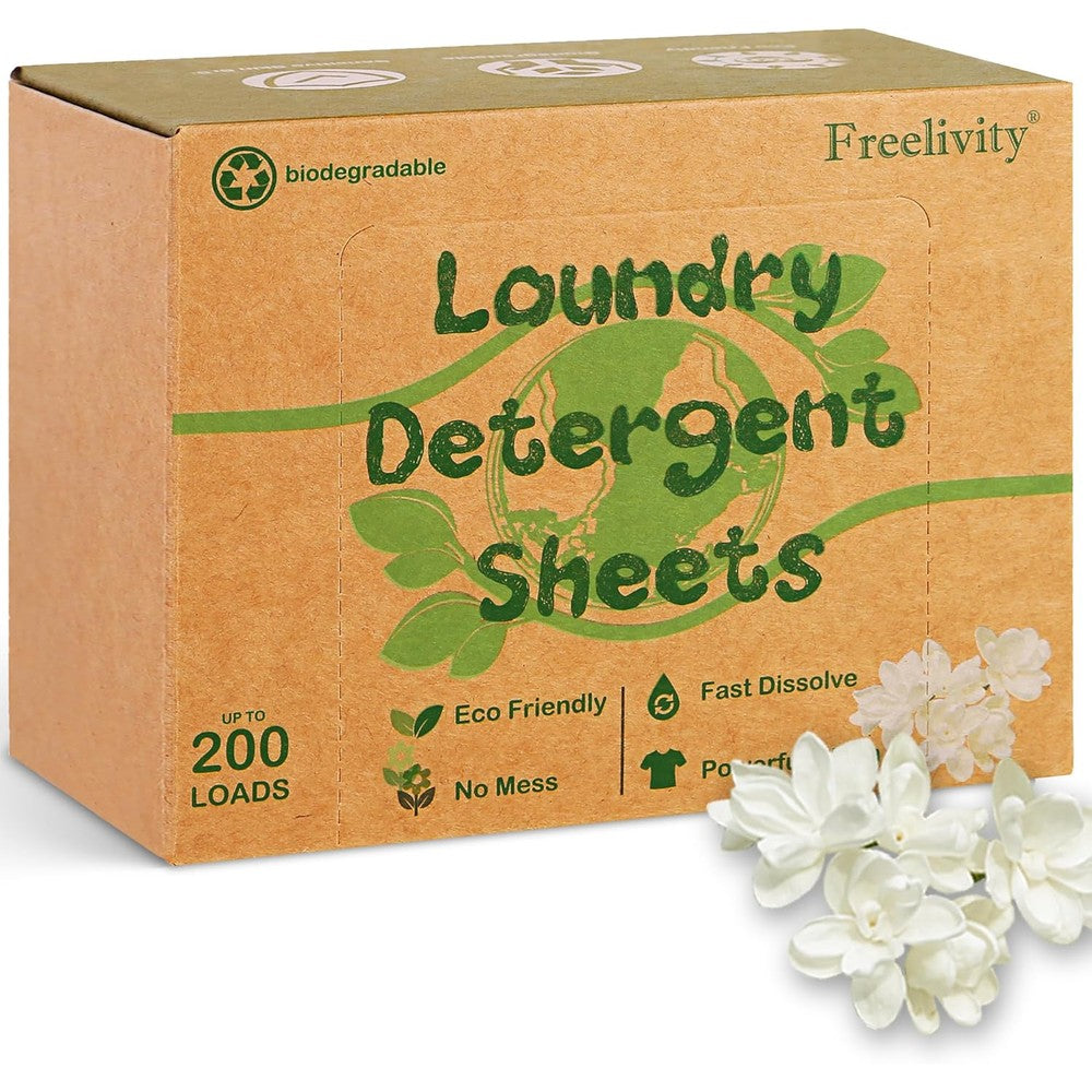 Freelivity Laundry Detergent Sheets front view packaging showing 200 sheets fresh linen scent