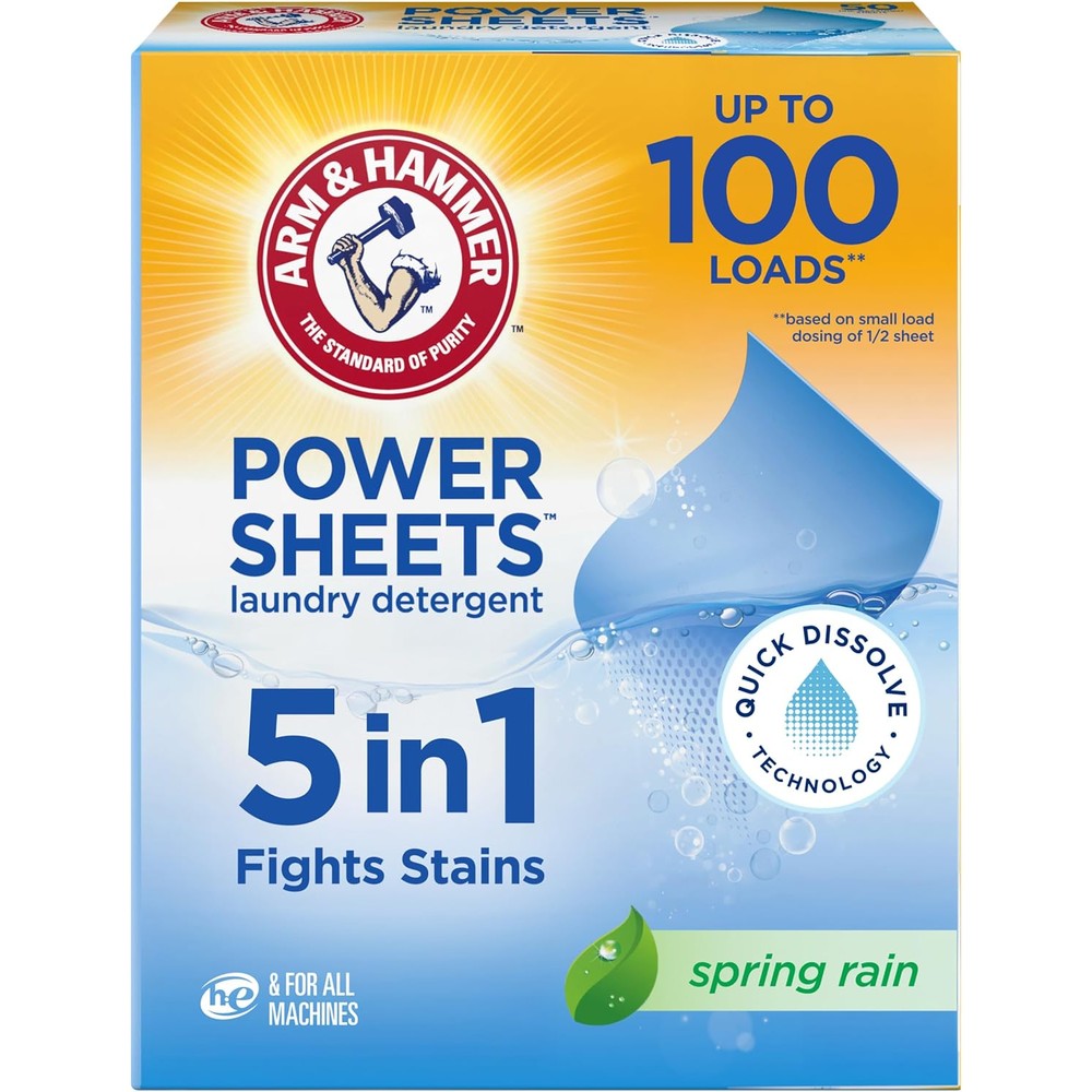 Arm & Hammer 5-in-1 Power Sheets Laundry Detergent Spring Rain 50 count box