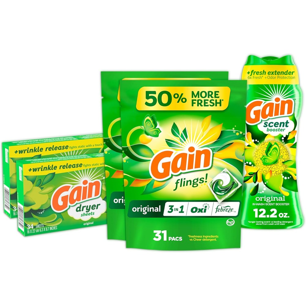 Gain Laundry Bundle front view showcasing Flings detergent pacs, dryer sheets, and Fireworks scent booster beads.