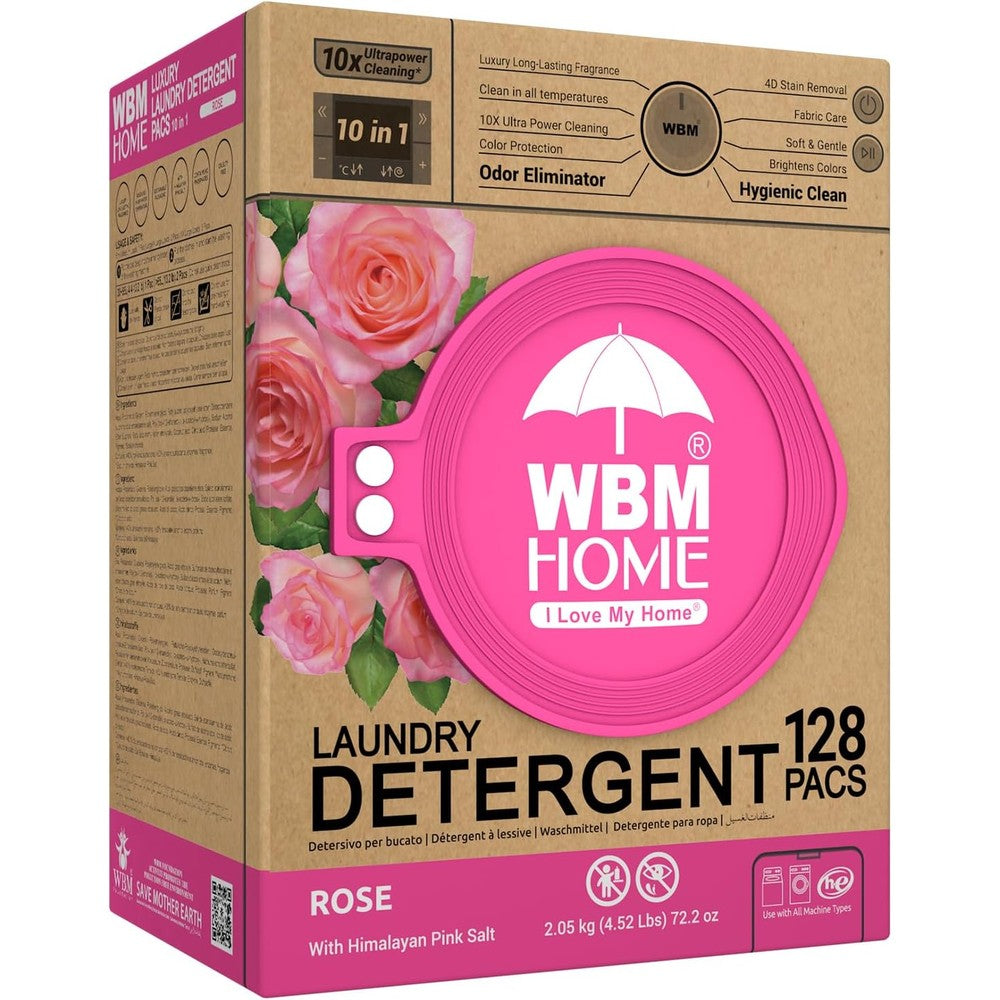 WBM Home 10-in-1 Laundry Pods front packaging showing 128 count and rose scent.