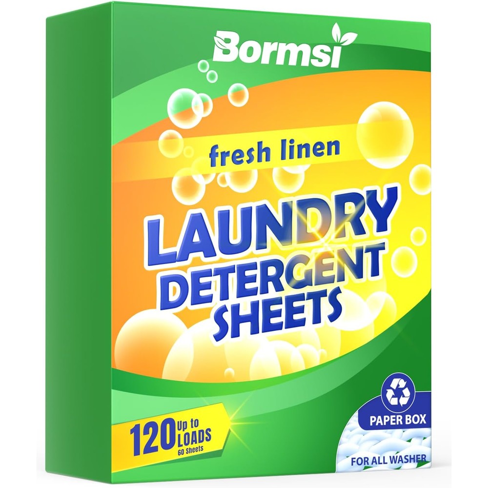 Bormsi Laundry Detergent Sheets Fresh Scent front packaging view showing one hundred and twenty loads scale