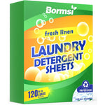Bormsi Laundry Detergent Sheets Fresh Scent front packaging view showing one hundred and twenty loads scale