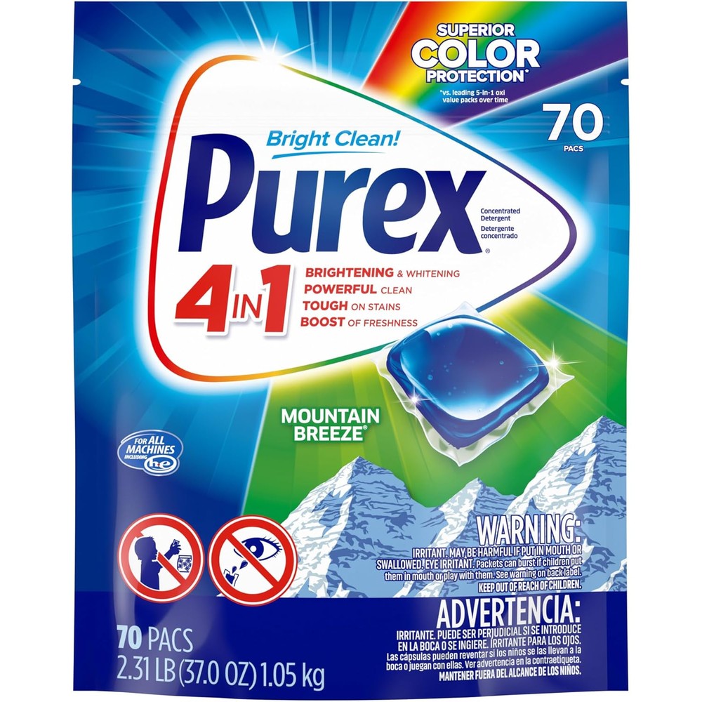 Purex 4-in-1 Laundry Detergent Pacs Mountain Breeze 70 Count pouch front view for high efficiency laundry.
