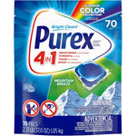 Purex 4-in-1 Laundry Detergent Pacs Mountain Breeze 70 Count pouch front view for high efficiency laundry.