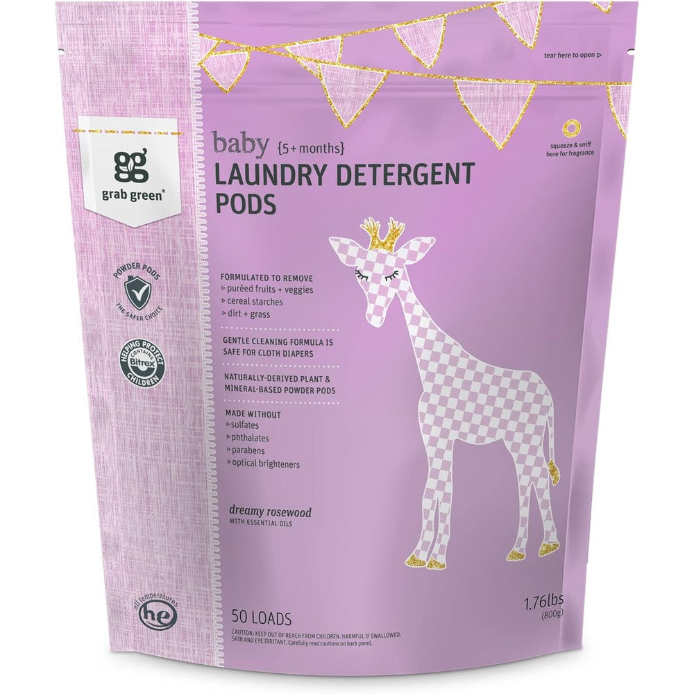 Grab Green Baby Laundry Detergent Pods front packaging Dreamy Rosewood scent.