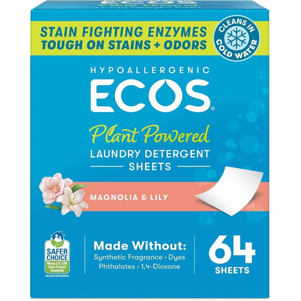 ECOS laundry detergent sheets magnolia lily 64 count front view packaging