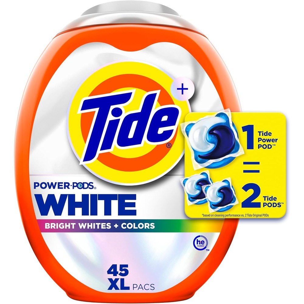 Tide Power PODS White Laundry Detergent 45 Count tub front view for advanced whitening.