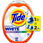 Tide Power PODS White Laundry Detergent 45 Count tub front view for advanced whitening.