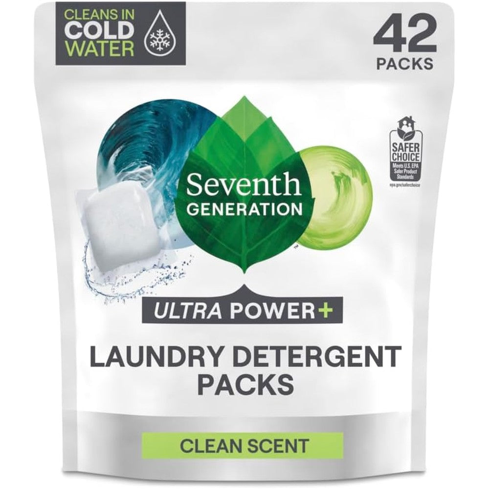 Seventh Generation Ultra Power Plus Laundry Detergent Packs 42 Count front view showing EPA Safer Choice seal.