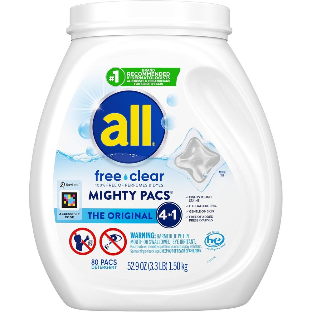 All Unit Dose Laundry Detergent Mighty Pacs Free Clear front view of 80 count container