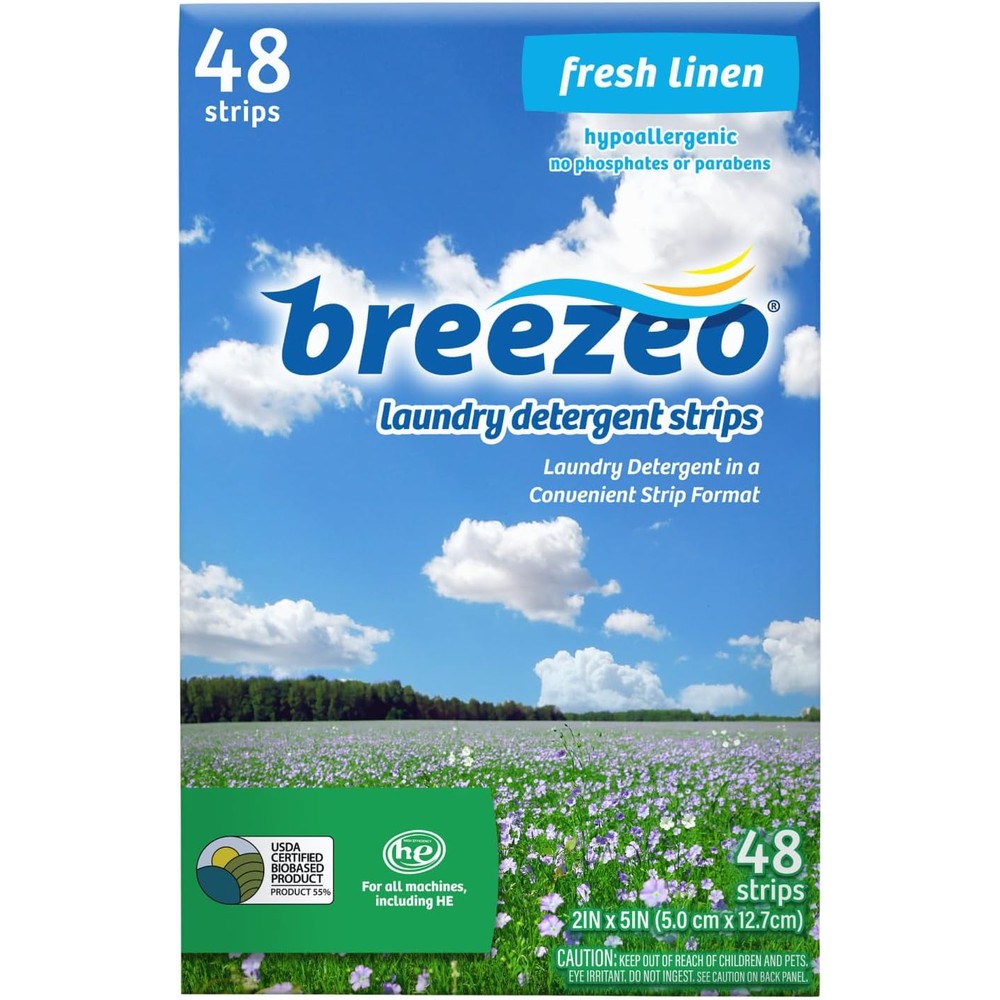 Breezeo Laundry Detergent Strips 48 count front packaging fresh linen scent.