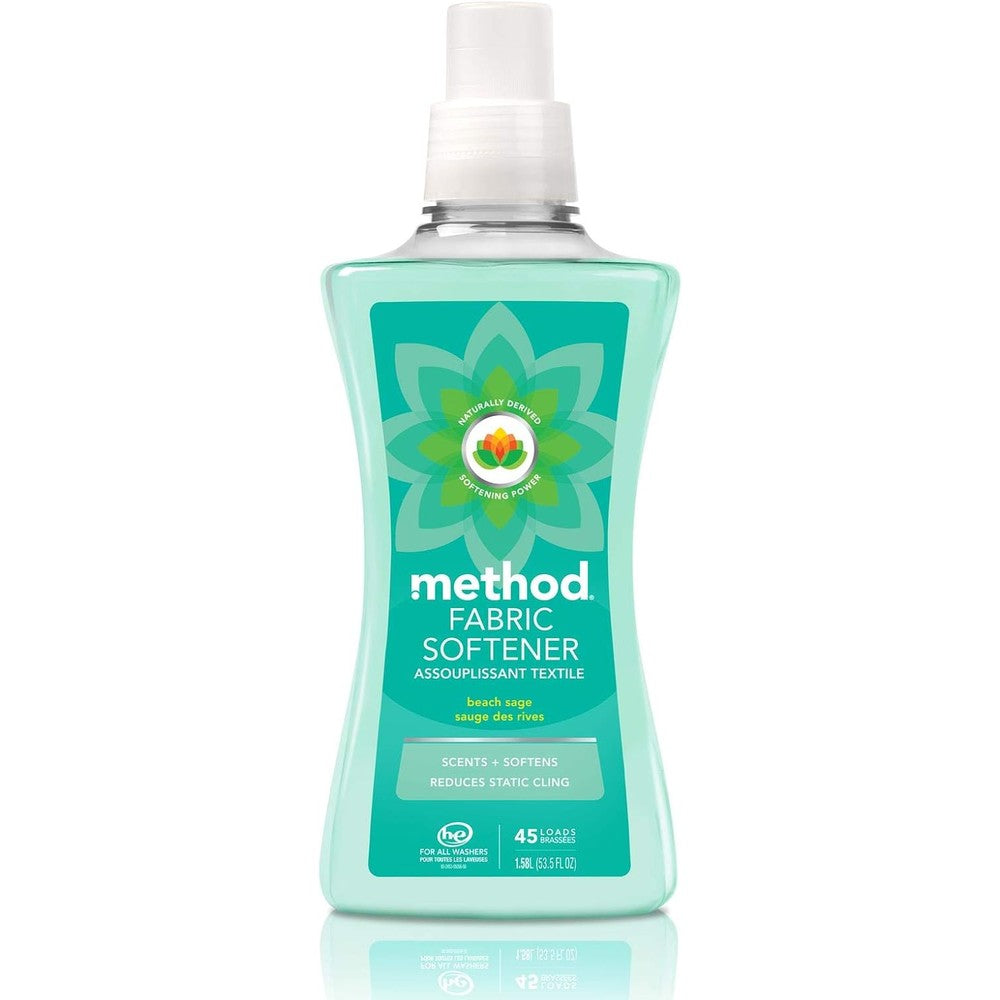 Method Beach Sage Fabric Softener 53.5 Ounce bottle front view showing 45 loads capacity.