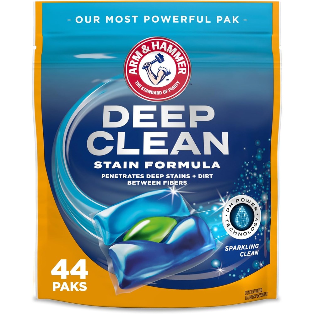 Arm & Hammer Deep Clean Stain Formula Power Paks 44 count front view laundry detergent pods.