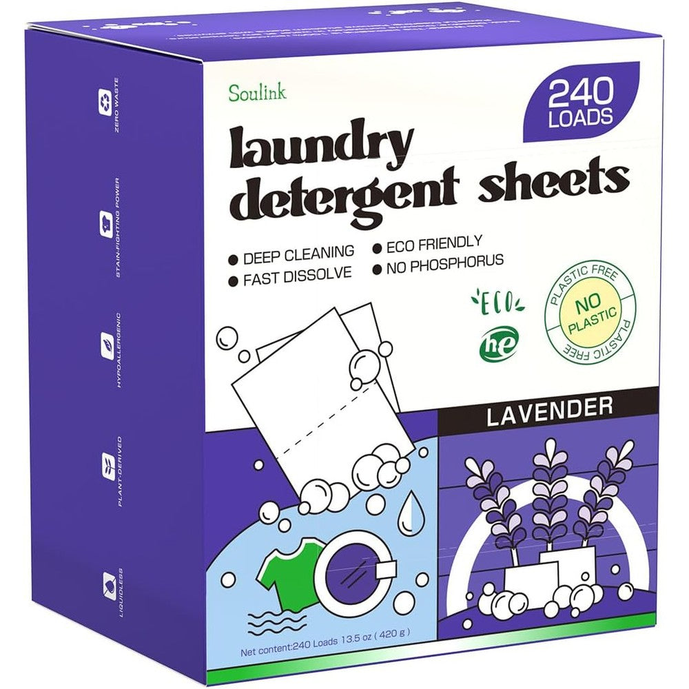 Soulink Lavender Laundry Detergent Sheets front view of 240 loads packaging.