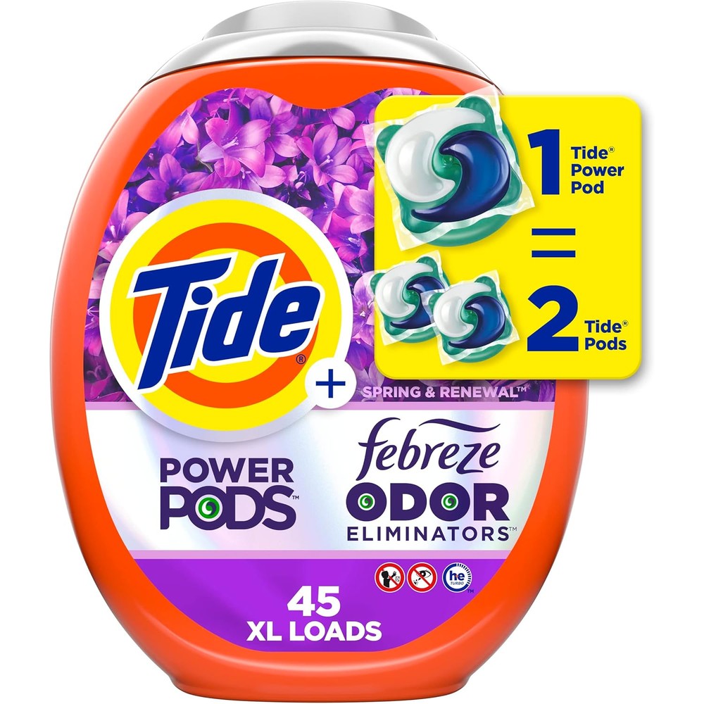 Tide Power Pods with Febreze Spring and Renewal 45 Count front tub view