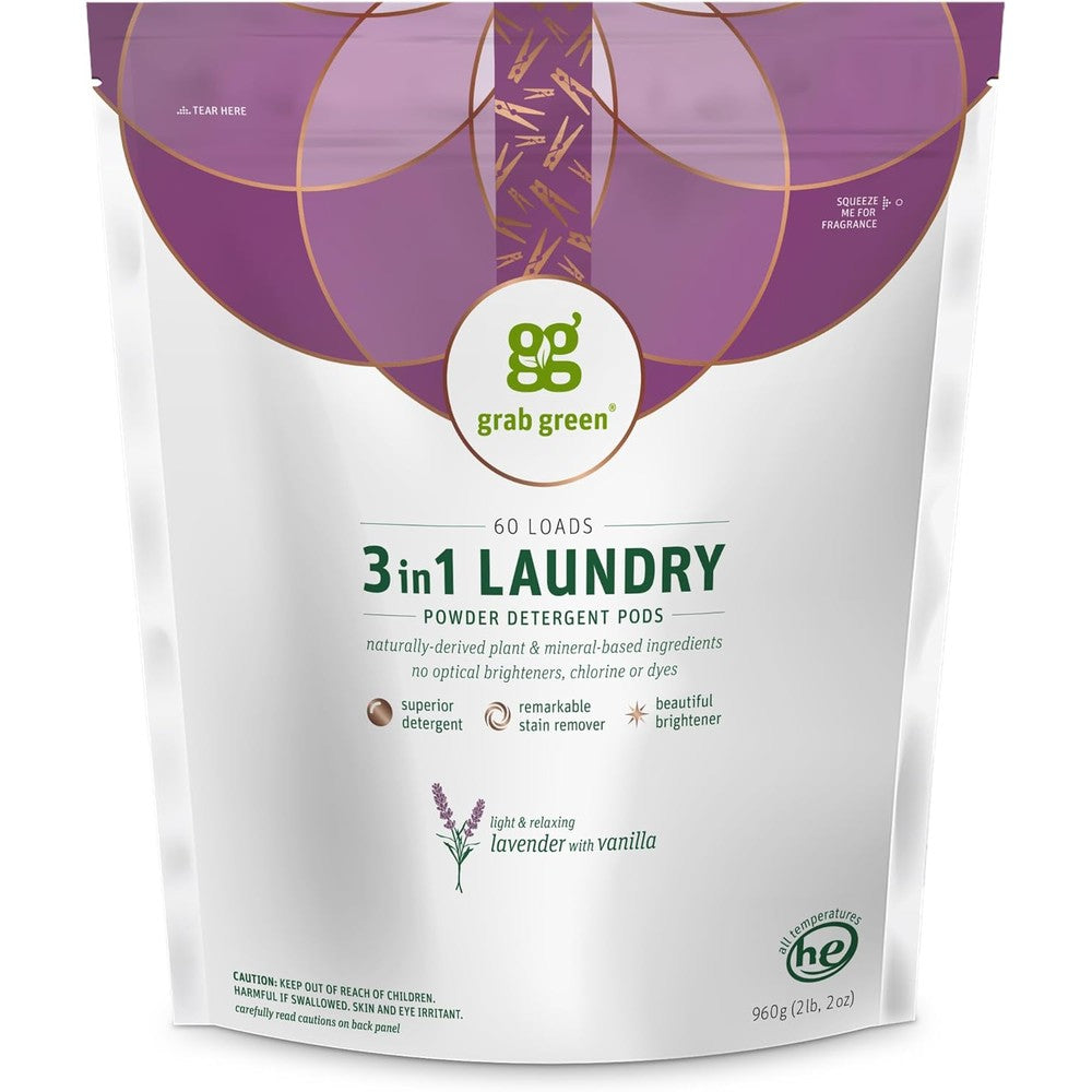 Grab Green Natural 3 in 1 Laundry Detergent Pods front view of 60 count pouch.