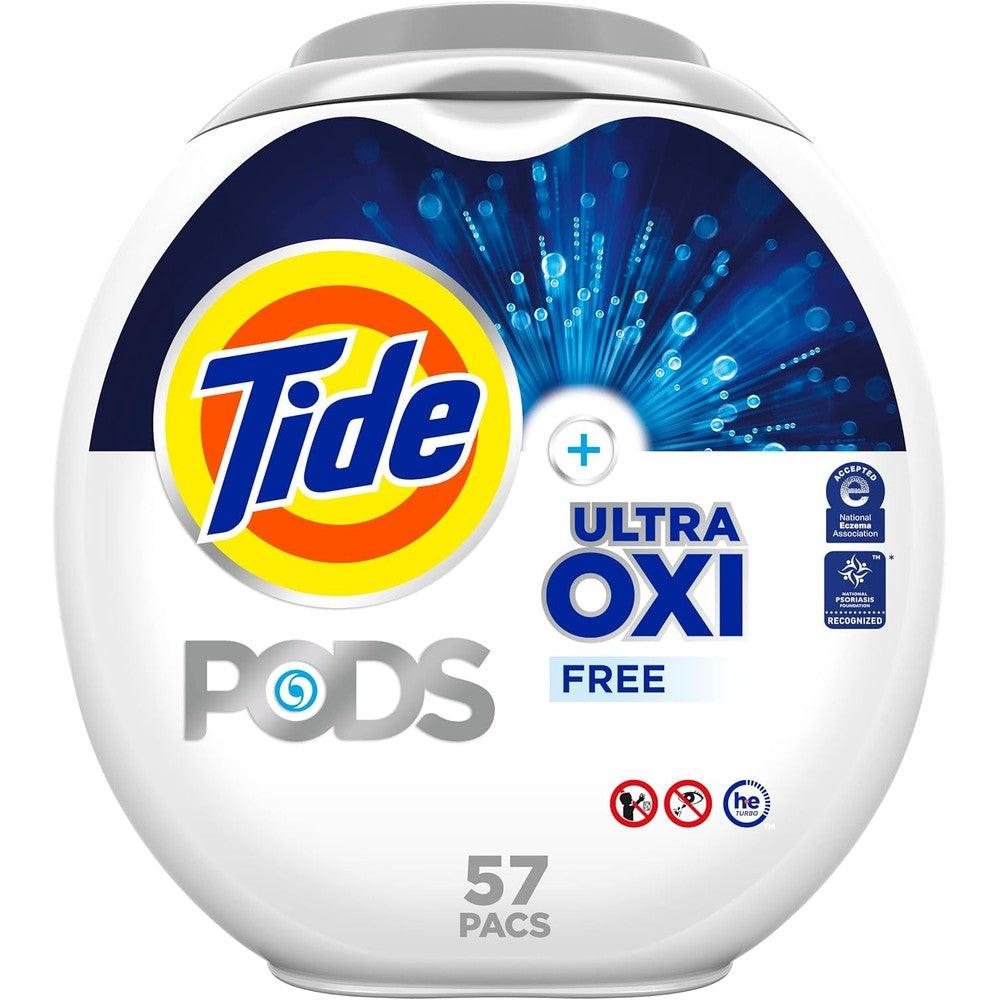 Tide PODS Ultra Oxi Free and Gentle 57 count container front view authentic laundry packs