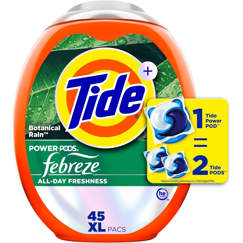 Tide Power Pods with Febreze Botanical Rain 45 count tub front view for heavy duty cleaning.