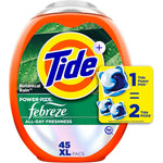 Tide Power Pods with Febreze Botanical Rain 45 count tub front view for heavy duty cleaning.
