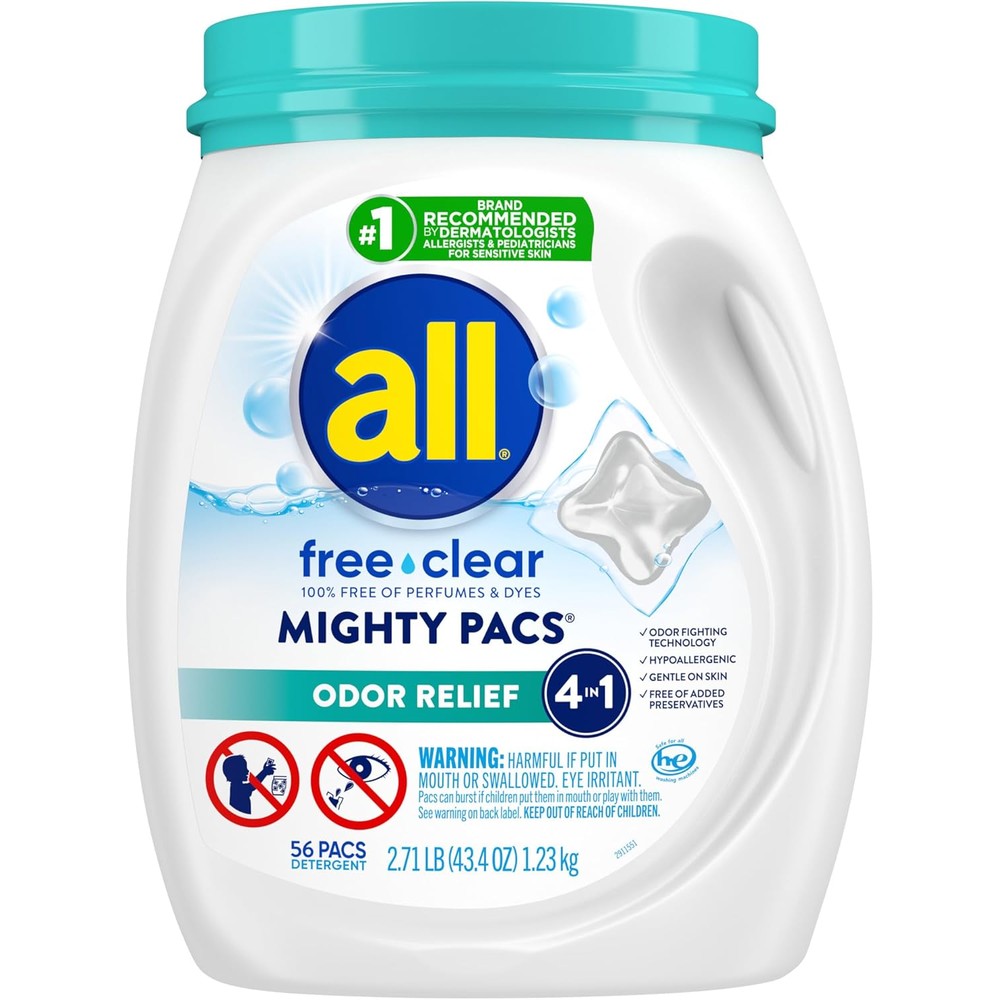 All Mighty Pacs Laundry Detergent Free Clear Odor Relief 56 Count Tub front view