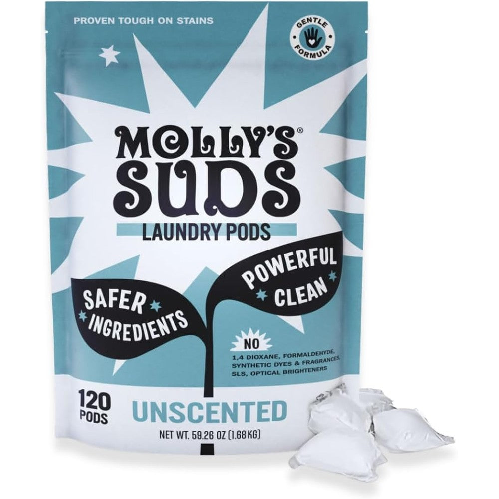 Molly's Suds Laundry Detergent Pods 120 Count front view authentic USA import.