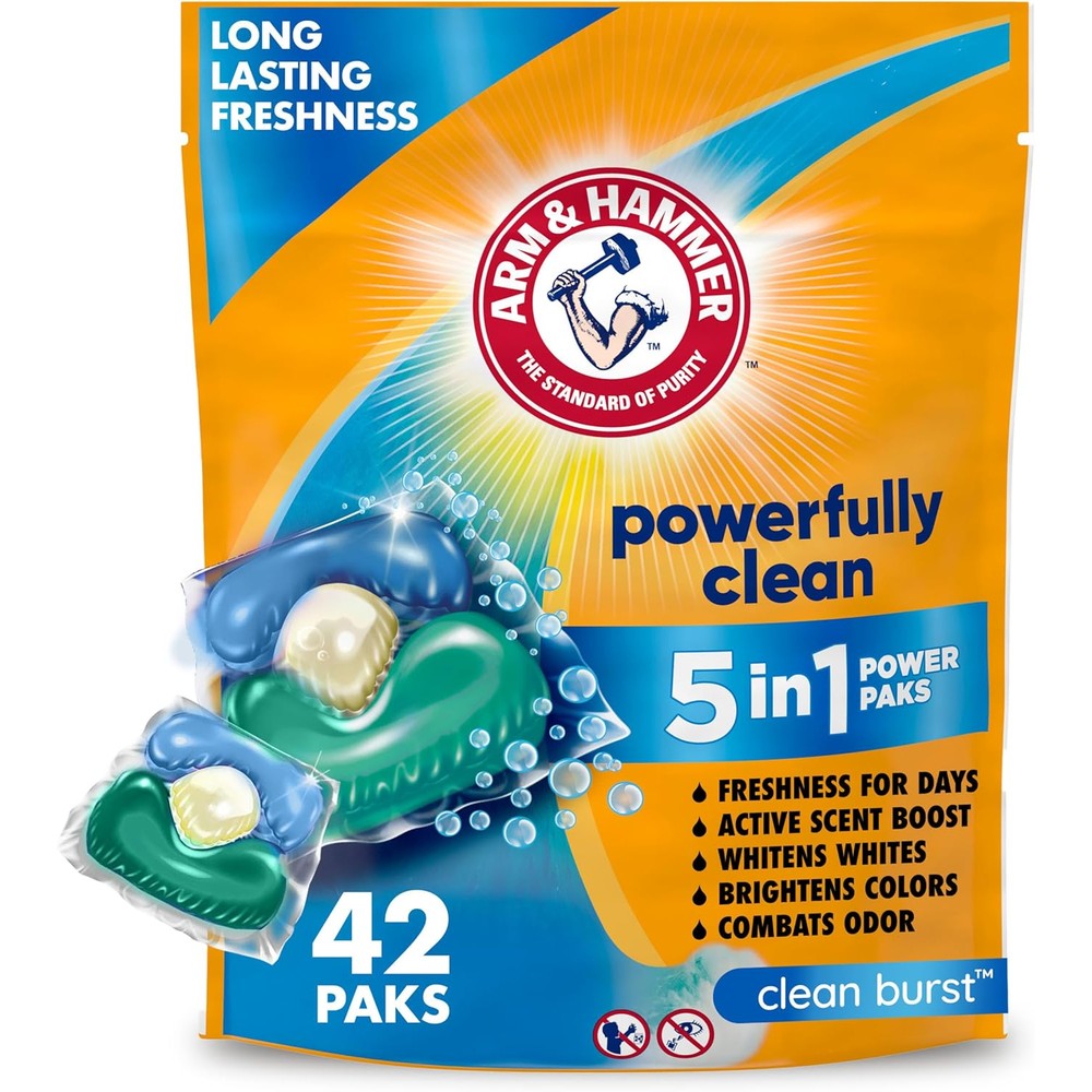 Arm & Hammer Clean Burst 5 In 1 Laundry Detergent Power Paks front view for deep cleaning