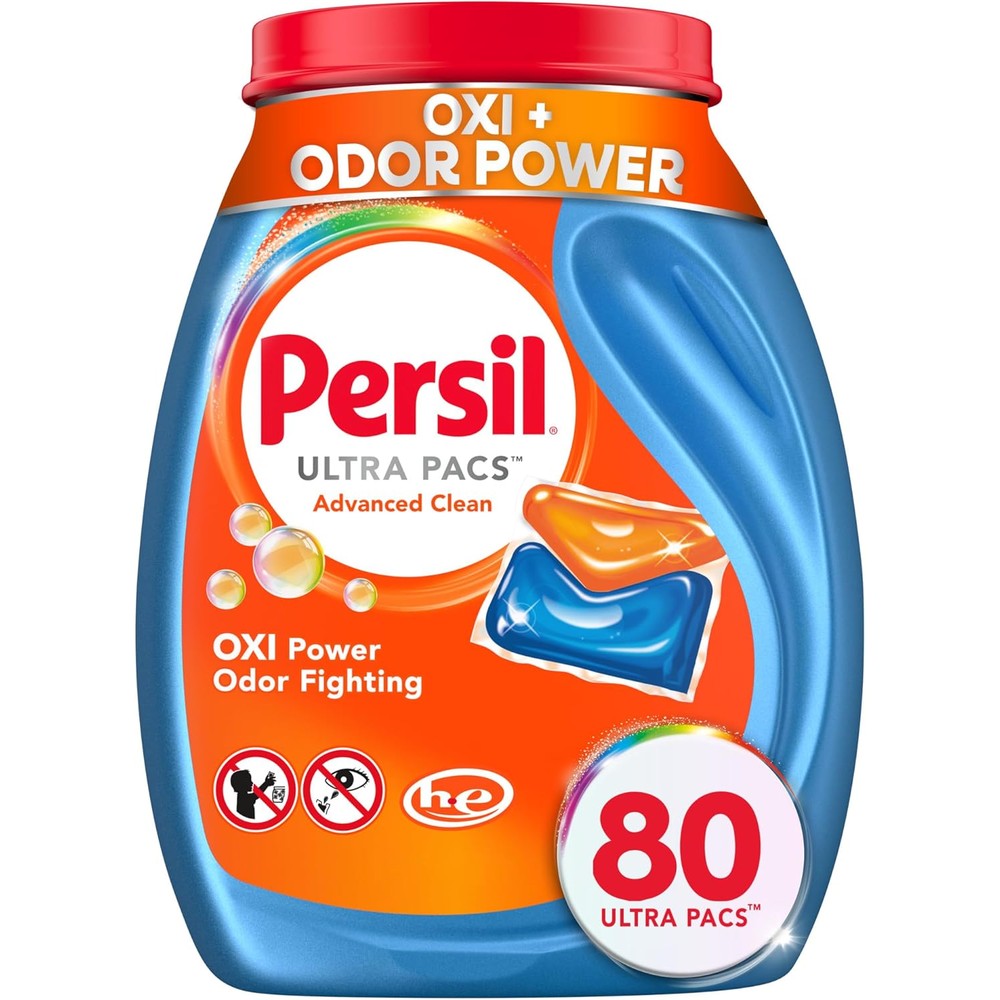 Persil Ultra Pacs Advanced Clean Oxi and Odor Power laundry detergent tub front view showing 80 capsules