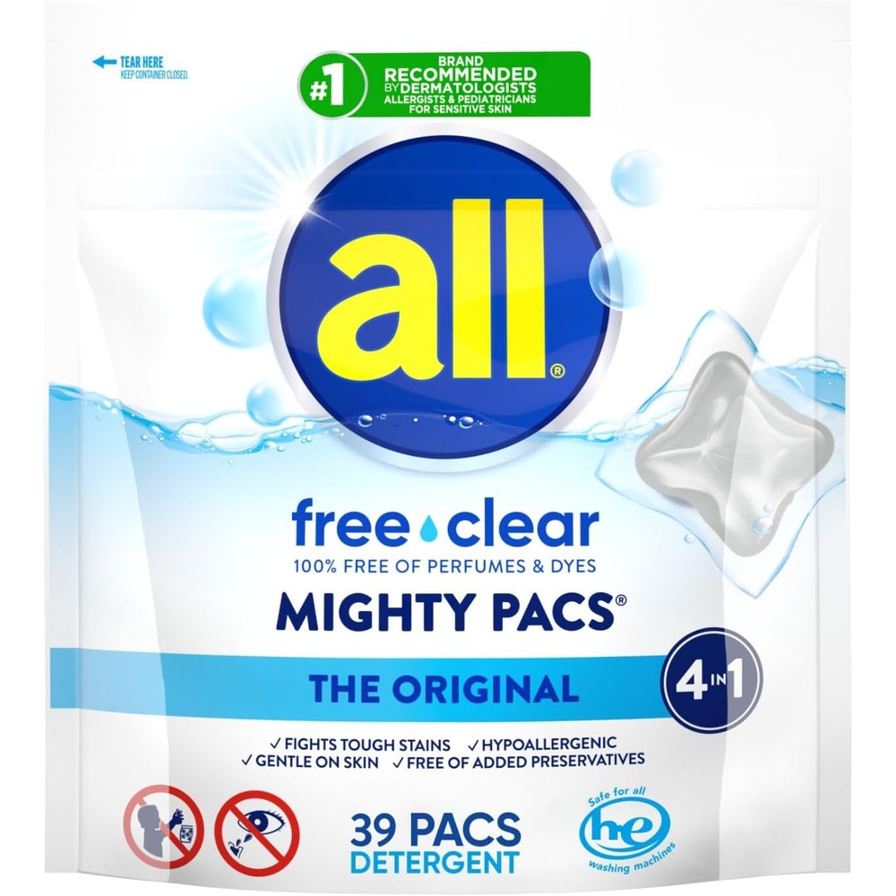 All Free Clear Mighty Pacs 39 count front pouch view showing hypoallergenic label